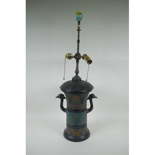 157 - A Chinese cloisonne two handled lamp, 73cm high