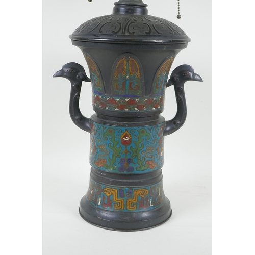 157 - A Chinese cloisonne two handled lamp, 73cm high