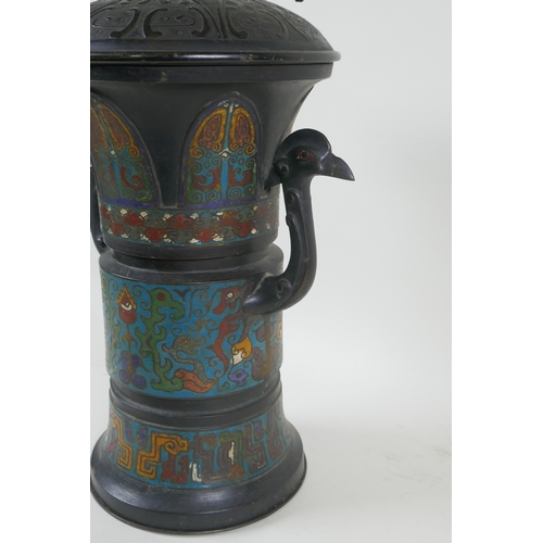 157 - A Chinese cloisonne two handled lamp, 73cm high