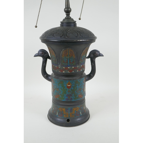 157 - A Chinese cloisonne two handled lamp, 73cm high