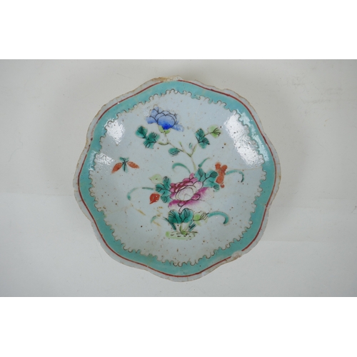 158 - A C19th Chinese porcelain dish with frilled rim and famille rose enamel floral decoration, AF, 18cm ... 