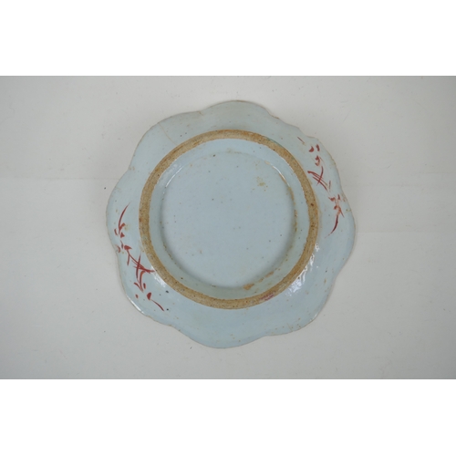 158 - A C19th Chinese porcelain dish with frilled rim and famille rose enamel floral decoration, AF, 18cm ... 