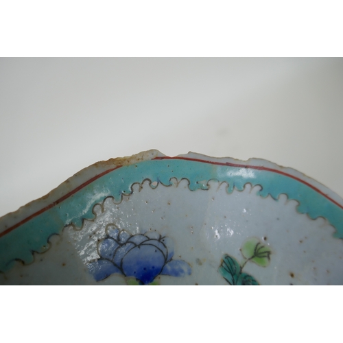 158 - A C19th Chinese porcelain dish with frilled rim and famille rose enamel floral decoration, AF, 18cm ... 