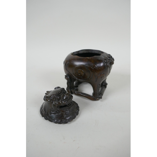 161 - A Chinese bronze censer in the form of a kylin, impressed 4 character mark to base, 12cm high