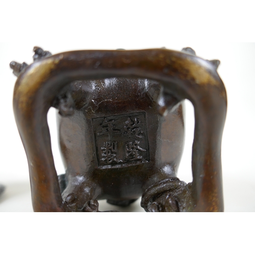 161 - A Chinese bronze censer in the form of a kylin, impressed 4 character mark to base, 12cm high