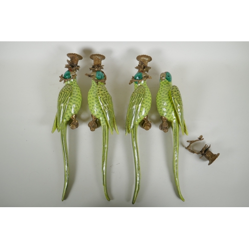 162 - Two pairs of polychrome porcelain and gilt metal parrot wall sconces, 47cm high, 1AF