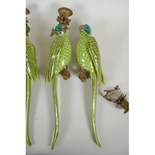 162 - Two pairs of polychrome porcelain and gilt metal parrot wall sconces, 47cm high, 1AF