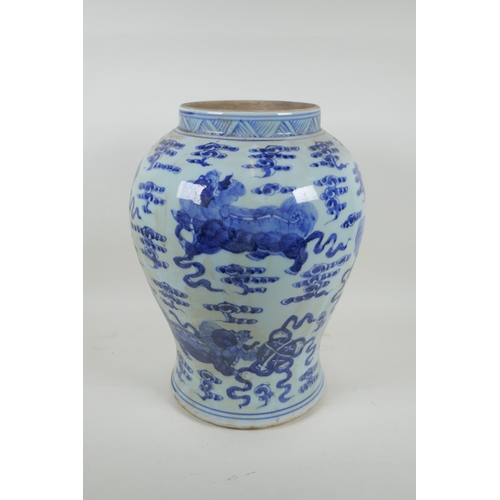 163 - A Chinese blue and white meiping jar decorated with kylin, 38cm high