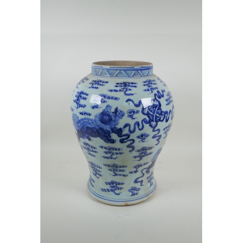 163 - A Chinese blue and white meiping jar decorated with kylin, 38cm high