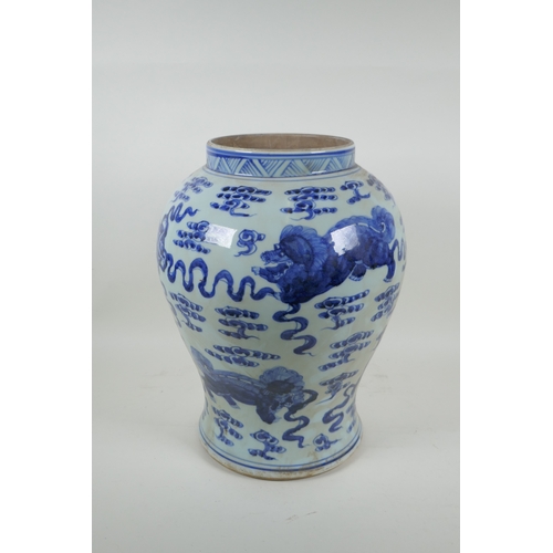 163 - A Chinese blue and white meiping jar decorated with kylin, 38cm high