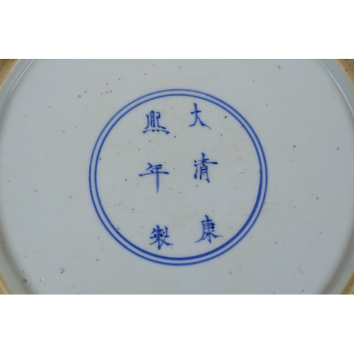 165 - A famille vert porcelain dish with a rolled rim, decorated with figures in a garden, Chinese KangXi ... 