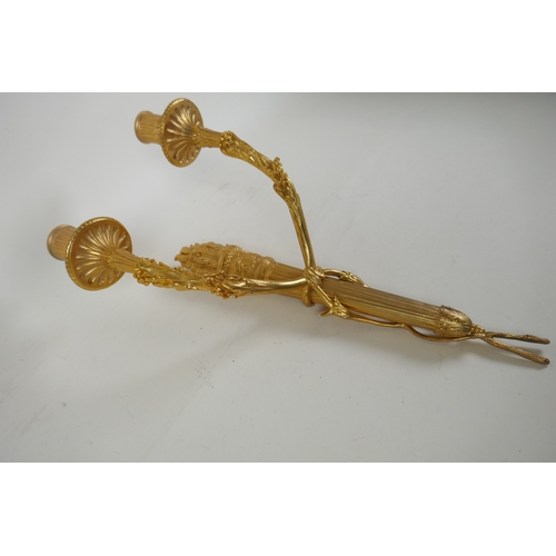 169 - An ormolu two branch wall sconce in the form of an arrow quiver, 38cm high