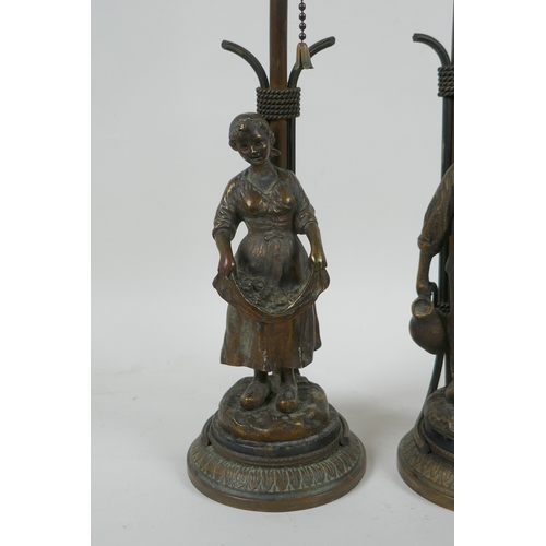 17 - A pair of Dutch gilt bronze figural table lamps of farm workers, after Joseph D'Aste, (1881-1945), 4... 