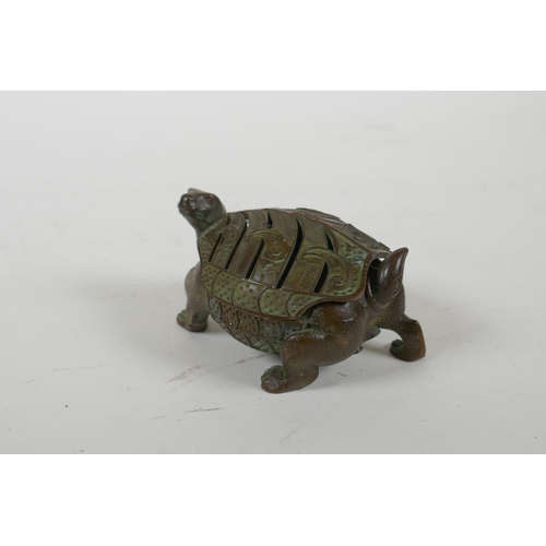 170 - A Japanese bronze censer and cover in the form of a tortoise, 8cm long