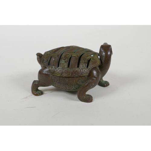 170 - A Japanese bronze censer and cover in the form of a tortoise, 8cm long