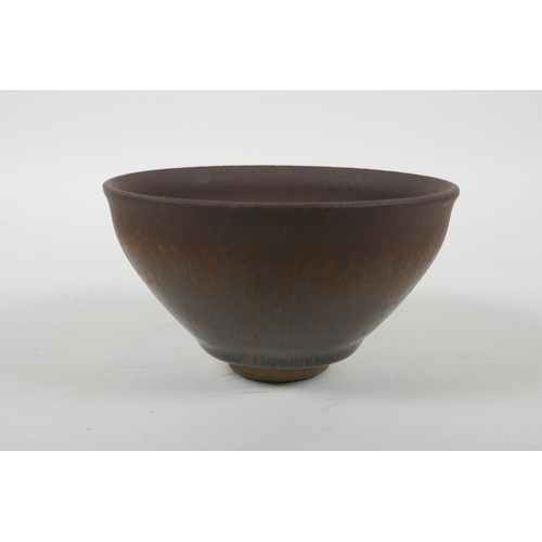 172 - A Chinese Jian kiln rice bowl with hares fur glaze, 2 character mark to base, 13cm diameter