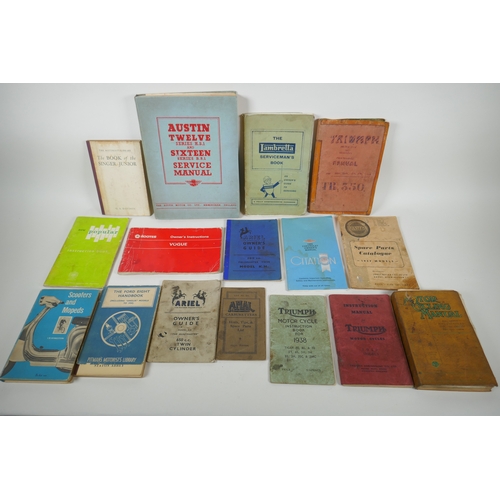 175 - A quantity of vintage motoring manuals, including manuals for Lambretta, Austin 12 and 16, Chevrolet... 