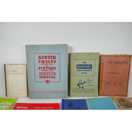 175 - A quantity of vintage motoring manuals, including manuals for Lambretta, Austin 12 and 16, Chevrolet... 