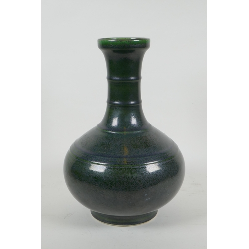 180 - A tea dust glazed porcelain vase with ribbed neck,  Chinese KangXi 6 character mark to base, 33... 