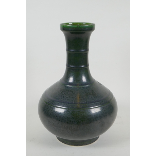 180 - A tea dust glazed porcelain vase with ribbed neck,  Chinese KangXi 6 character mark to base, 33... 