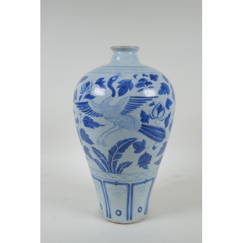 182 - A Chinese blue and white porcelain meiping vase with phoenix and floral decoration, 31cm high