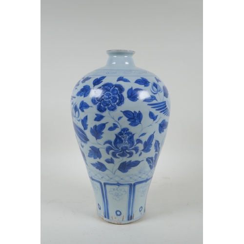 182 - A Chinese blue and white porcelain meiping vase with phoenix and floral decoration, 31cm high