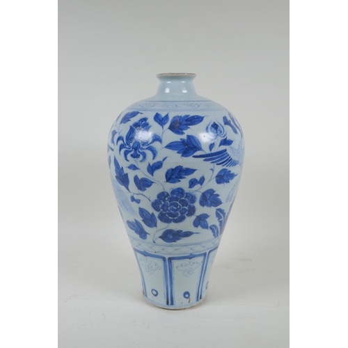 182 - A Chinese blue and white porcelain meiping vase with phoenix and floral decoration, 31cm high