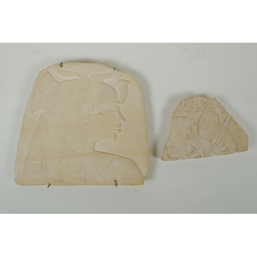 183 - An Egyptian carved reconstituted stone plaque depicting a bust of Cleopatra, and another smaller, la... 