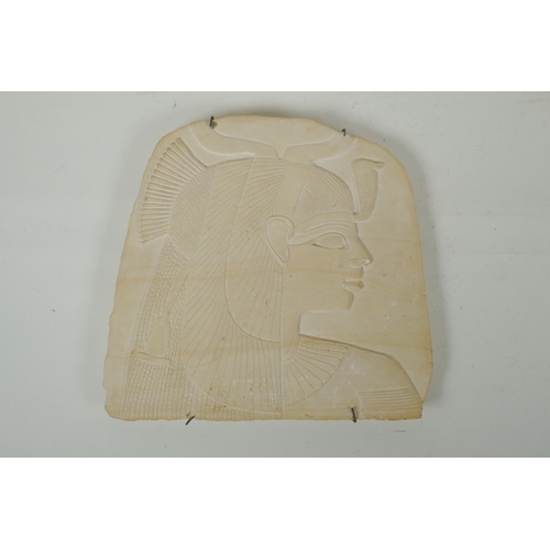 183 - An Egyptian carved reconstituted stone plaque depicting a bust of Cleopatra, and another smaller, la... 