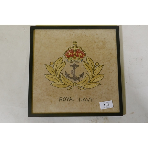 184 - A gilt thread embroidery 'Royal Navy', early C20th, 28 x 28cm