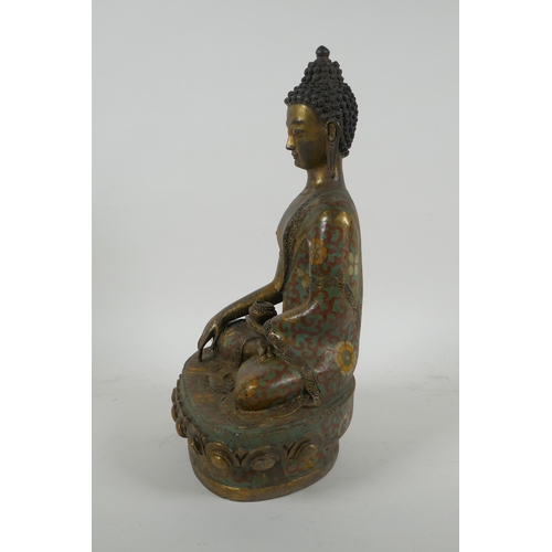 189 - A Sino Tibetan cloisonne and gilt metal Buddha, 32cm high