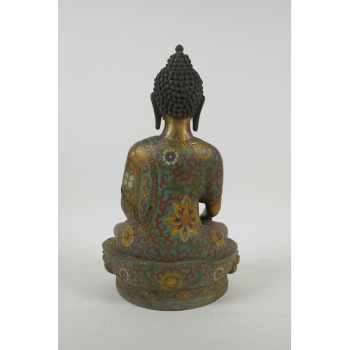 189 - A Sino Tibetan cloisonne and gilt metal Buddha, 32cm high