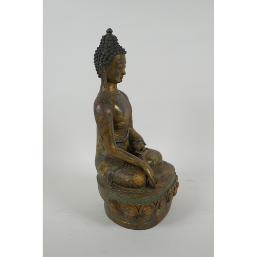 189 - A Sino Tibetan cloisonne and gilt metal Buddha, 32cm high