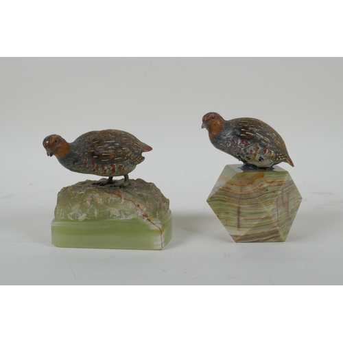 2 - Two Austrian cold painted bronze grouse, mounted on banded agate bases, largest 10cm high