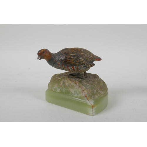 2 - Two Austrian cold painted bronze grouse, mounted on banded agate bases, largest 10cm high