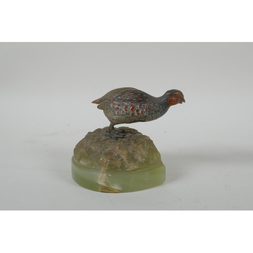 2 - Two Austrian cold painted bronze grouse, mounted on banded agate bases, largest 10cm high