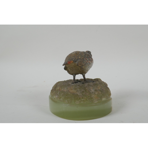 2 - Two Austrian cold painted bronze grouse, mounted on banded agate bases, largest 10cm high