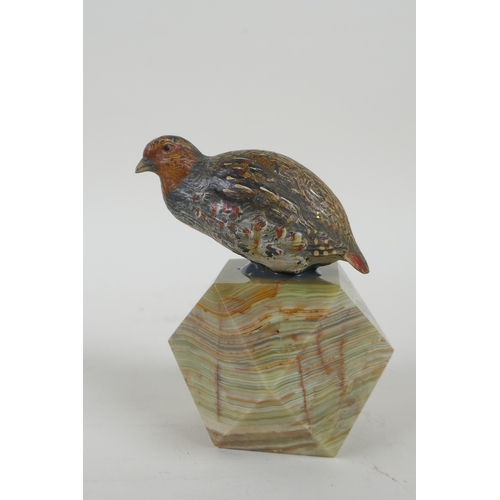 2 - Two Austrian cold painted bronze grouse, mounted on banded agate bases, largest 10cm high