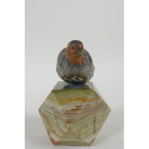 2 - Two Austrian cold painted bronze grouse, mounted on banded agate bases, largest 10cm high