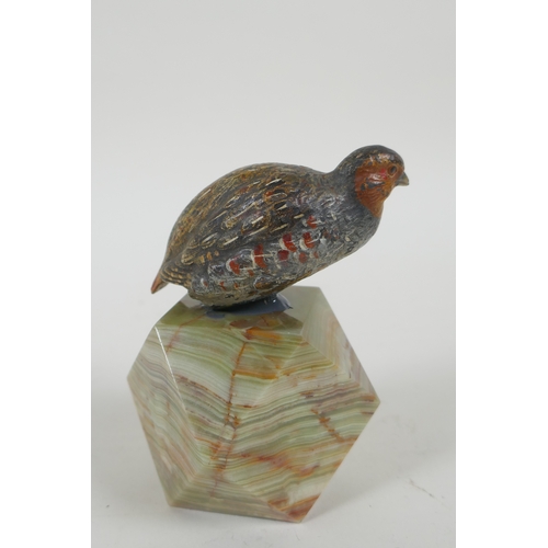 2 - Two Austrian cold painted bronze grouse, mounted on banded agate bases, largest 10cm high