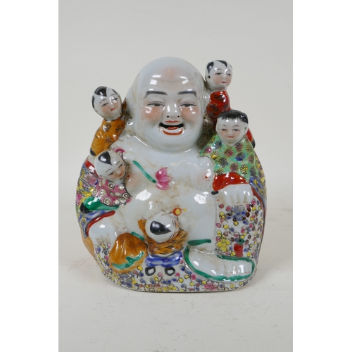 208 - A Chinese polychrome porcelain figure group of a jolly Buddha and children, impressed seal mark to b... 