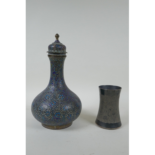 210 - An Indian gilt brass and enamel surahi bottle and cover, and an Indian silver plated bidri vase with... 