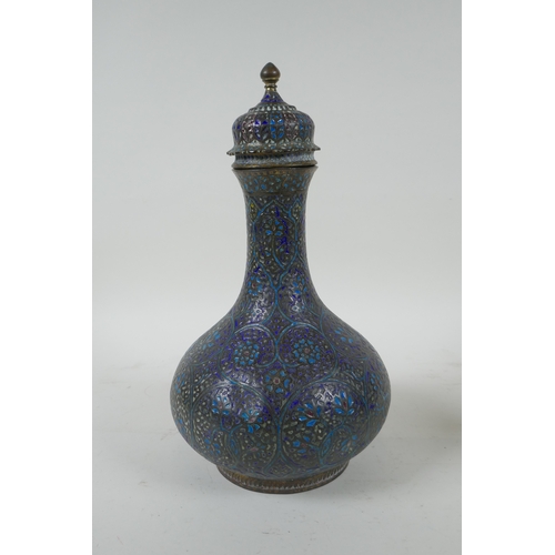 210 - An Indian gilt brass and enamel surahi bottle and cover, and an Indian silver plated bidri vase with... 