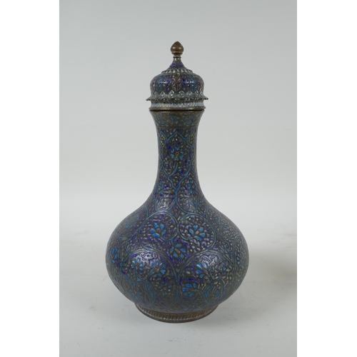 210 - An Indian gilt brass and enamel surahi bottle and cover, and an Indian silver plated bidri vase with... 