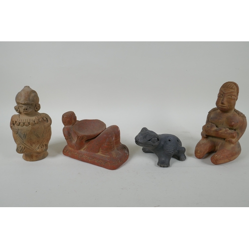 212 - A pre Colombian style pottery ocarina in the form of a frog, and three similar terracotta figures, l... 