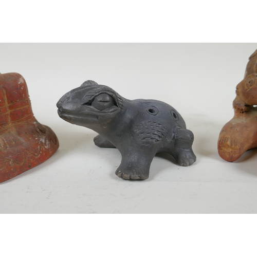 212 - A pre Colombian style pottery ocarina in the form of a frog, and three similar terracotta figures, l... 