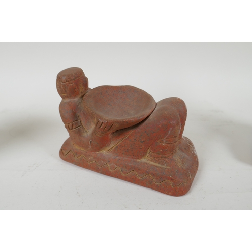 212 - A pre Colombian style pottery ocarina in the form of a frog, and three similar terracotta figures, l... 