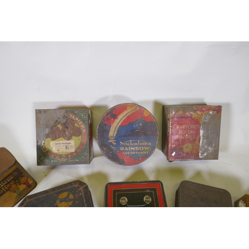 219 - A quantity of vintage biscuit cigarette and toffee tins, largest 22 x 25cm