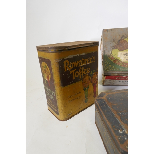 219 - A quantity of vintage biscuit cigarette and toffee tins, largest 22 x 25cm