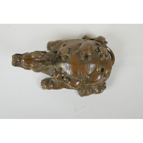 228 - A Chinese filled brass longgui (dragon turtle) with tortoise on its back, Xuande 6 character mark to... 